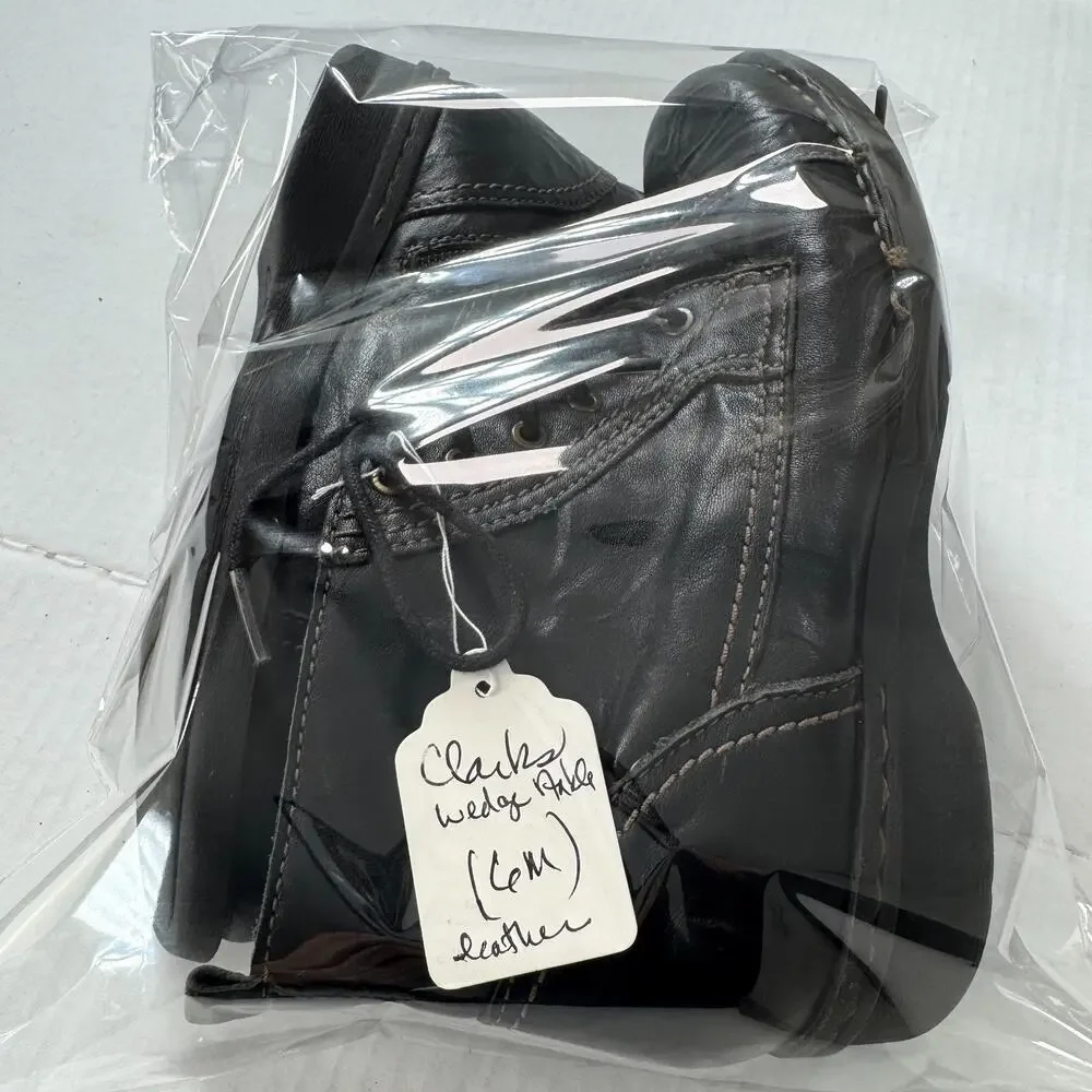 Clarks Leather Ankle Boots Lace Up Side Zip Wedge W6 Black